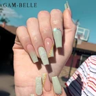 GAM-BELLE Matcha зеленые градиентные накладные ногти дизайн с AB Стразы длинный гроб Сделай Сам искусственные накладные ногти с прессованным клеем