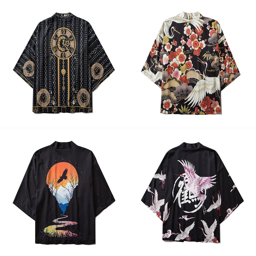 

Japanese Style Streetwear Kimono Jacket for Men Women Fashion Traditional Retro Crane Printed Shirt Blouse Haori Vintage Yukata