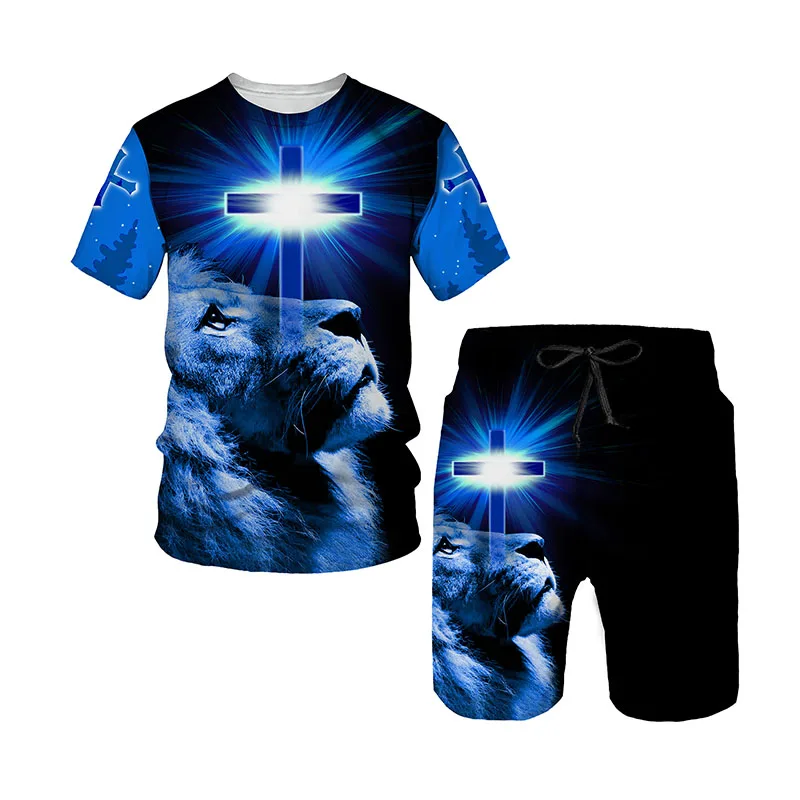 

Summer New 3D Cross Lion Printed Men's T-shirt Shorts Set Men's Sportswear Tracksuit O Neck Short Sleeve Men's Clothing Suit