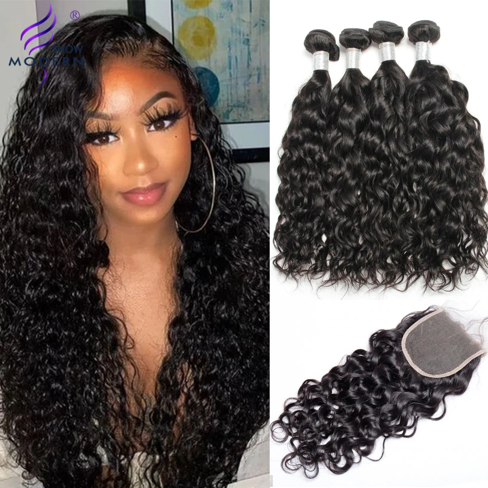 Волна воды 3 пучка с закрытием бразильские волосы переплетения пучки современный