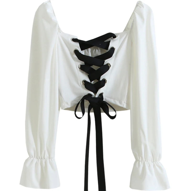 

Non-mainstream Style Lace-up Small Shirt Sexy Sweet Backless Puff Sleeve Shirt French Retro Ribbon Top