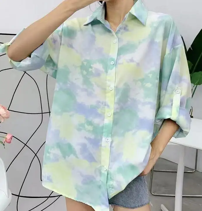 

Women's Shirt Fashion Tie-Dye Printing Soft Touch Blouse Retro Long-Sleeved Buttoned Blouse 2021 New Casual Shirt Women