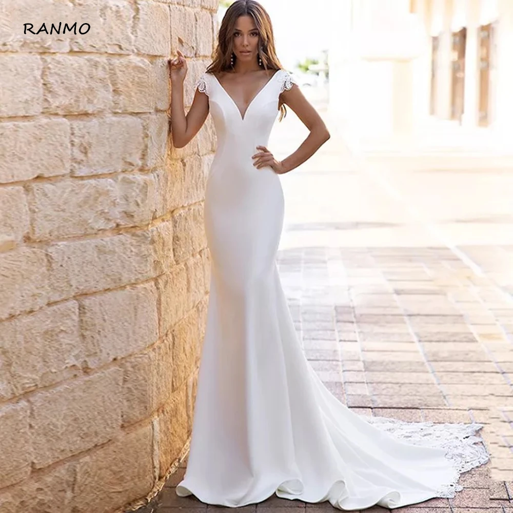 

V-Neck Cap Sleeve Mermaid Wedding Dresses 2021 Lace Long Train Bridal Gown For Women Sexy Open Back Satin Vintage Custom Made