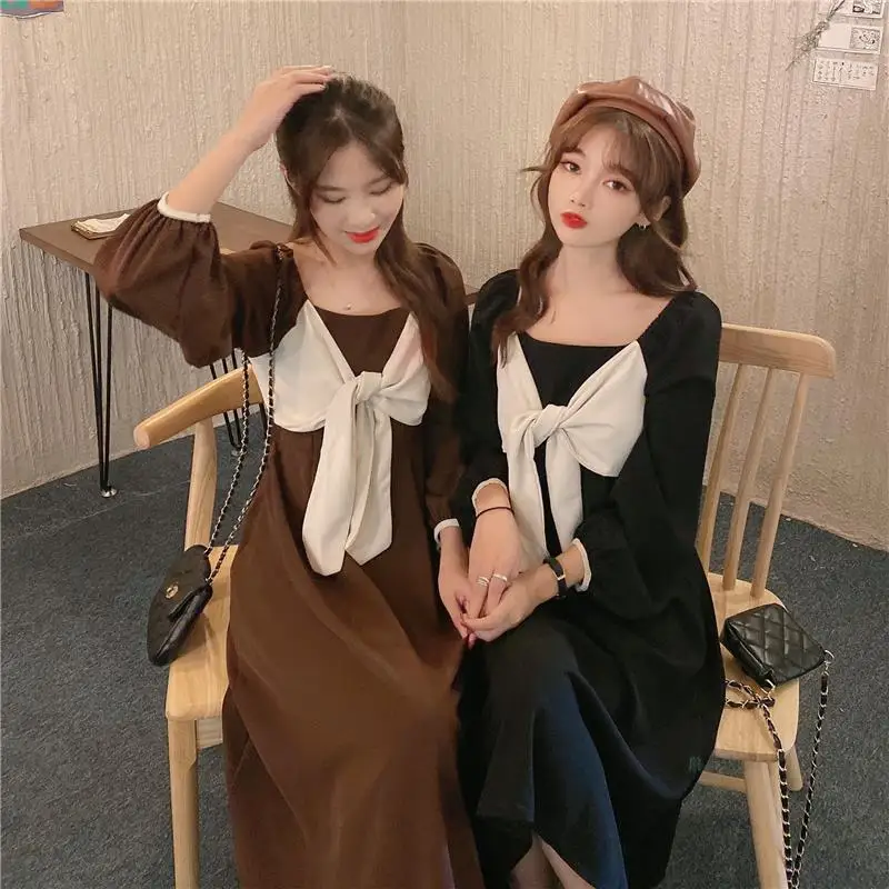 

Women Dress Spring Sweet Square Collar Patchwork Bow Design Elegant Simple Chic Girls Vestido All-match A-line Puff Sleeve OL