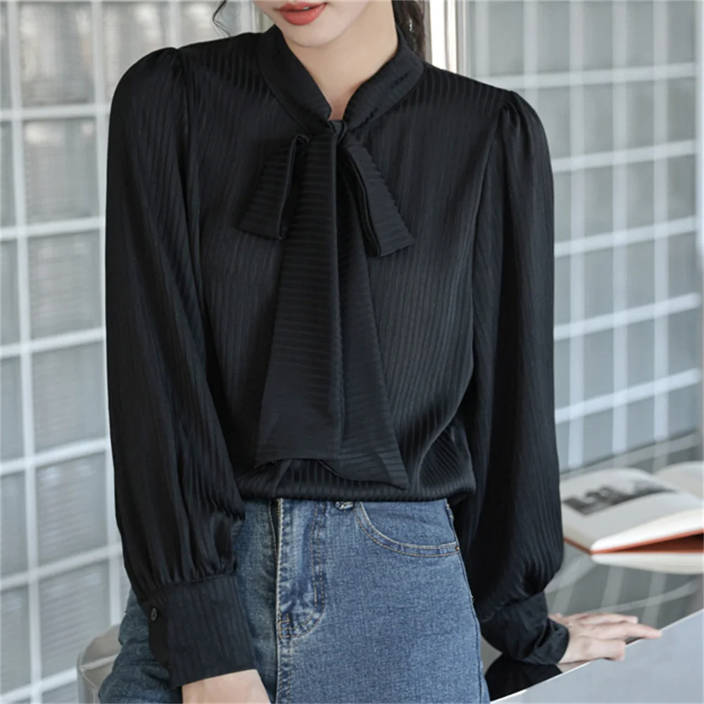 

HziriP Ретро полосатые женские блузки с бантом Милая тонкая весенняя горячая Распродажа с пышными рукавами корейский стиль 2022 Офисная женская...