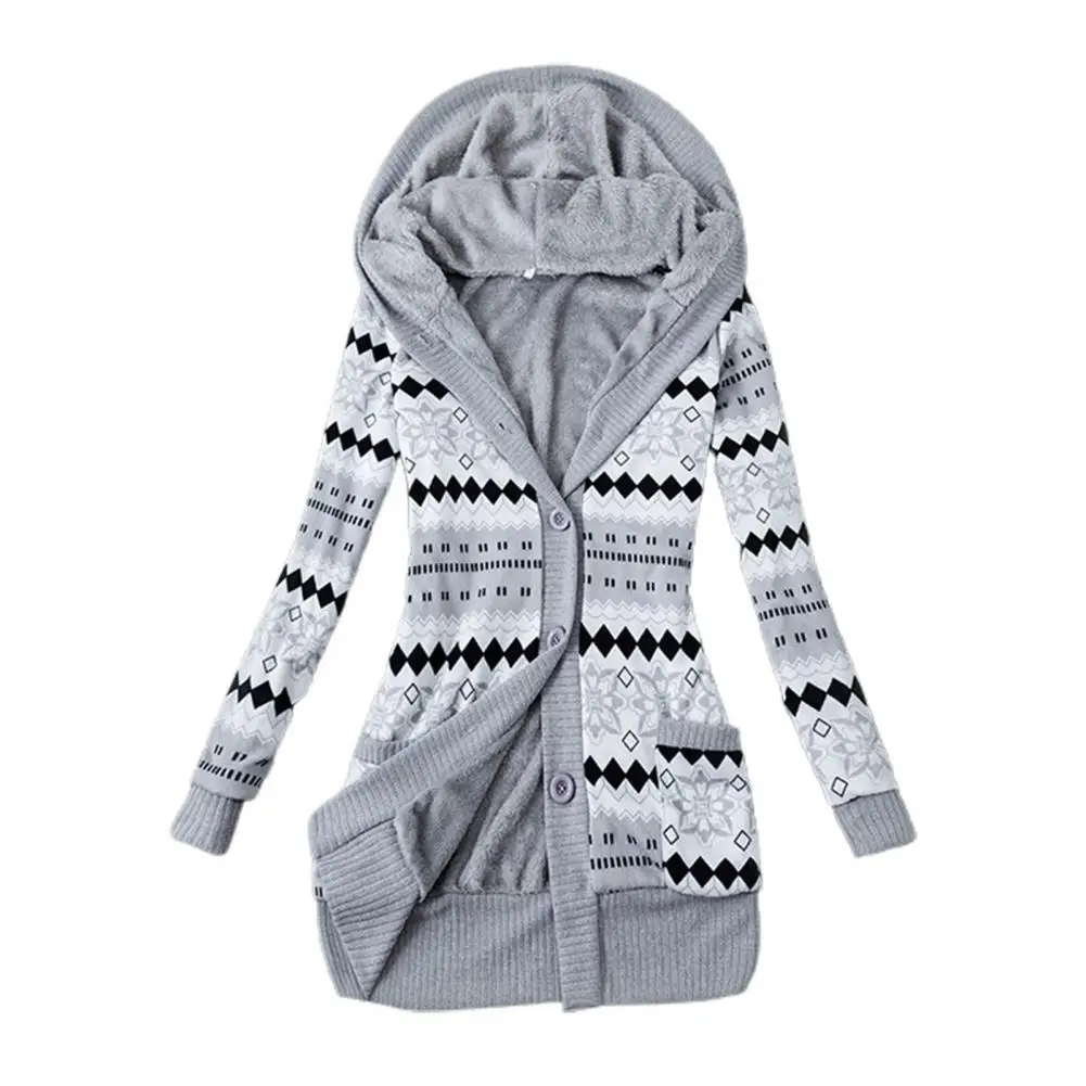 

Striped Print Long Sleeve Sweater Coat Autumn Winter Buttons Closure Hooded Plush Lining Sweater Cardigan Outerwear Sweater