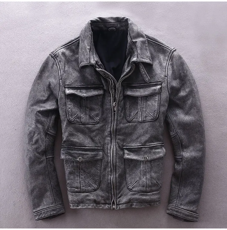 

M65 Motorcycle Men Cowhide Genuine Leather Jacket Male Slim Fit Vintage Multi-pocket Locomotive Clothing Biker Coat