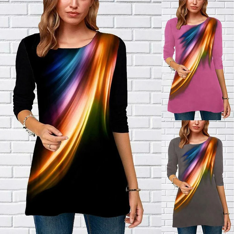 New Arrival Women Ladies Loose Blouse Tops Long Sleeve Round Collar Casual Printing Tunic