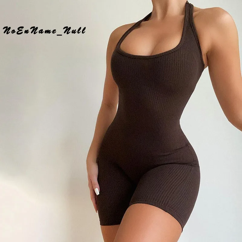

Hang Neck Sexy Sleeveless Halter Y2k Solid Backless Ribbed Skinny Bodycon Playsuit Autumn Winter Women Streetwear Casual Romper