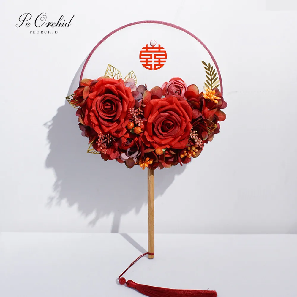 

PEORCHID Chinese style Red Brides Palace Hand Fans Holding flowers Rose Ancient Wedding Party Gifts Bridal Bouquet Held Fan