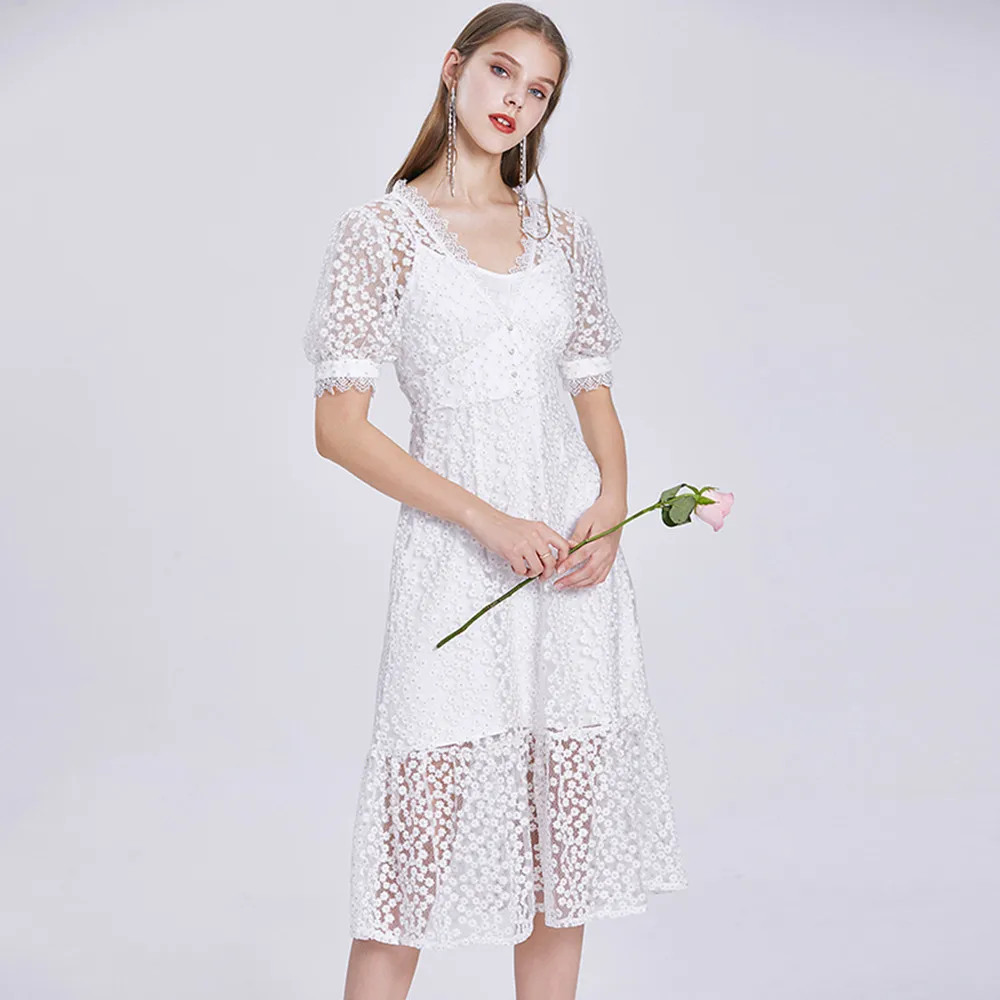 Женское винтажное ажурное платье Элегантное летнее с цветочной вышивкой V