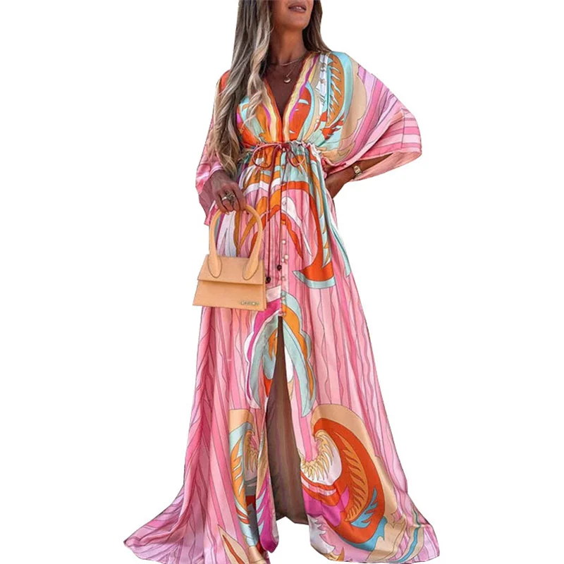

Dress Women Autumn 2021 New Style V-Neck Three-Quarter Sleeves Slim-Fit Lace-Up Elegant Print Large-Length Skirt M176