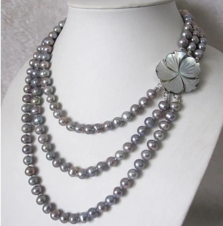 

7-9mm 3Row Gray Freshwater Pearl Necklace Fashion Jewelry