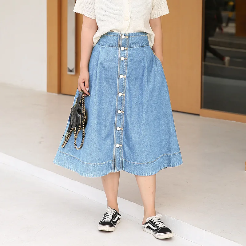 Юбка женская джинсовая трапециевидная с завышенной талией повседневная юбка до