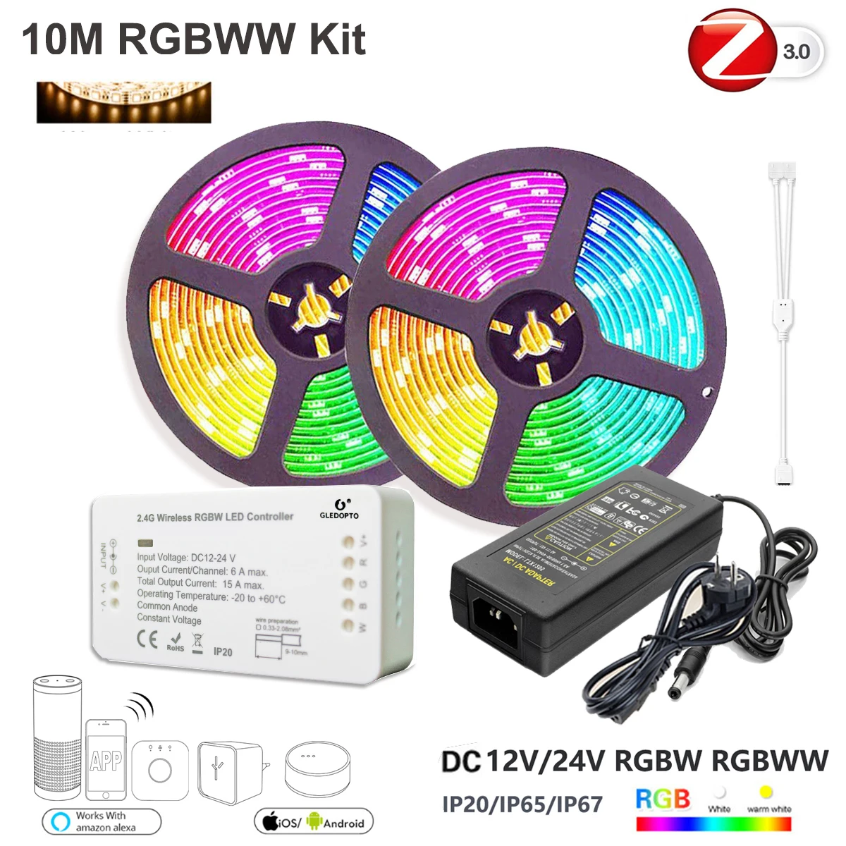 10M RGBWW Kit ZigBee ZLL RGBW контроллер+ 5 м/10 м 12 В/24 В RGBW RGBWW 4в1 5050 60 светодиодный s светодиодный блок питания совместимый с Alexa Echo - Испускаемый цвет: 10M RGBWW Kit