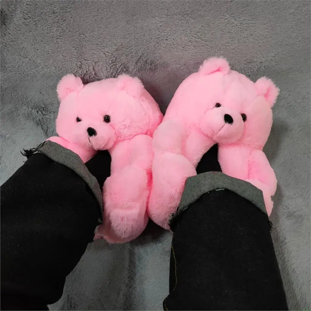 

Plush Teddy Bear women christmas plush slippers Cartoon Bear House Slipper Furry Faux Fur Slides Woman Furry Flip Flop Shoes