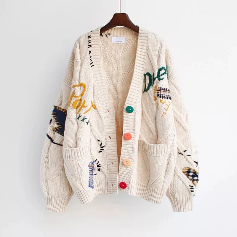 

Fashion Knit Cardigans Coat Female Loose Sweaters Autumn Winter Women Cardigan Warm Knitted Jacket Pocket Embroidery Sweater