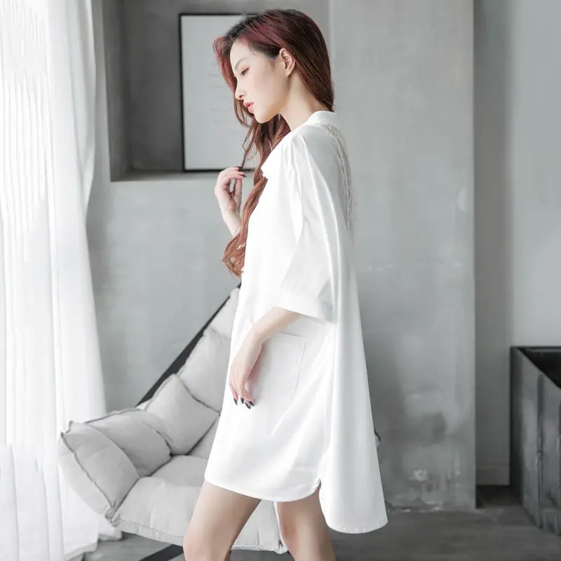 

Summer Night Dress Sexy Silk Sleepwear Lace Home Dresses White Shirt Loose Plus Size Nightwear Spring and Autumn Night Gown Sexy