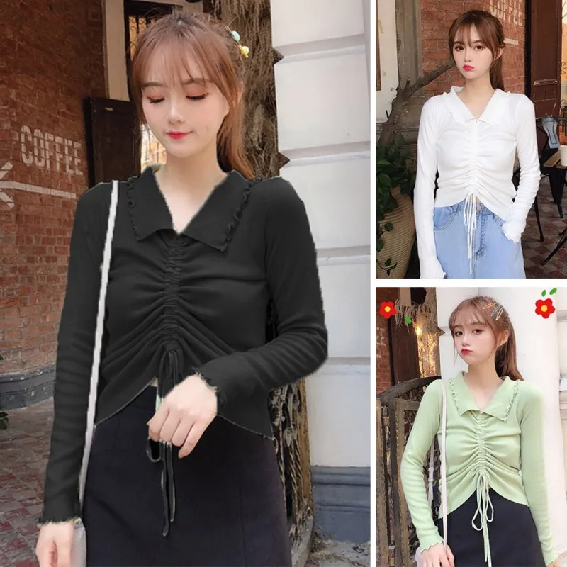 

Women Sweater Lapel Drawstring Straps Elastic Tight-fitting Bottoming Short Sleeve Knitting Tops Hot Sale