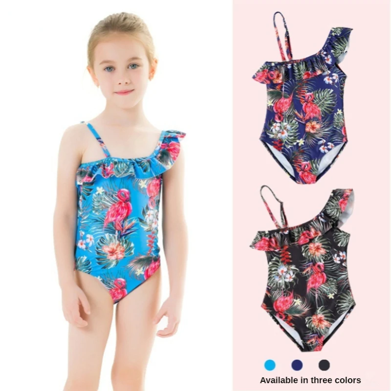 

2021 Girls Swimsuit One Shoulder One Piece Swimwear Mom Baby Flamingo Bathing Suit Parent-child Beachwear Ruffle Triangle Bikini