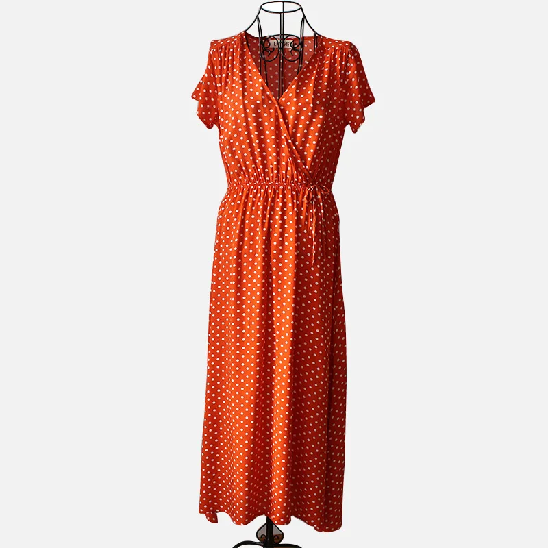 Богемное длинное женское платье в горошек с v-образным вырезом на шнуровке