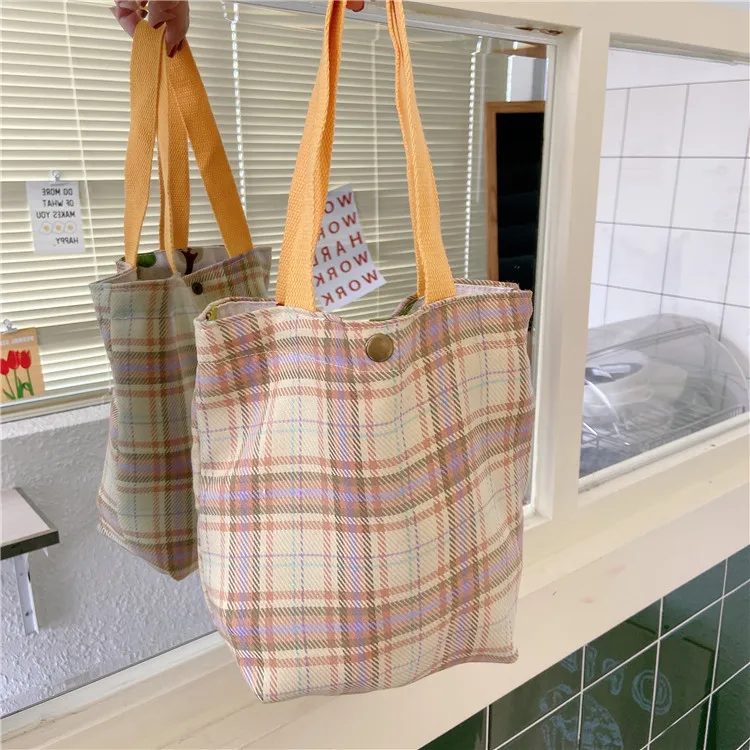 

Women Student Solid Color Plaid Style Fashion Shoulder Tote Handbag Canvas Bag Large Capacity Women Shopping Bag String Bag