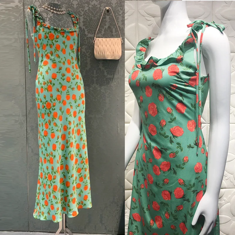 

Rose Printed Summer Women's Dress Square Neck Sexy Skiny Flounces Sleeveless Long Dress Wrap Hip Skirt Suit Holiday Party