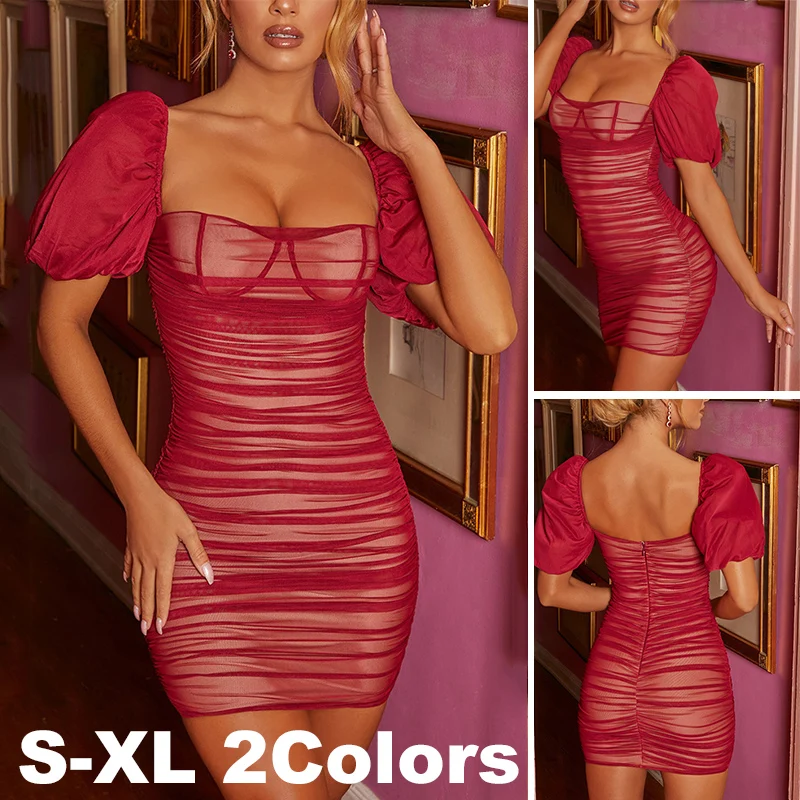 

2020 Summer Women Fashion Pleated Party Mini Dresses Puff Sleeve Bandage Nightclub Bodycon Dress Summer Sheath Dress