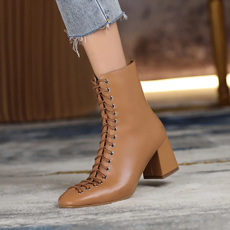 

Женские ботильоны ручной работы, ботинки из натуральной кожи на высоком каблуке с перекрестной шнуровкой, Осень-зима