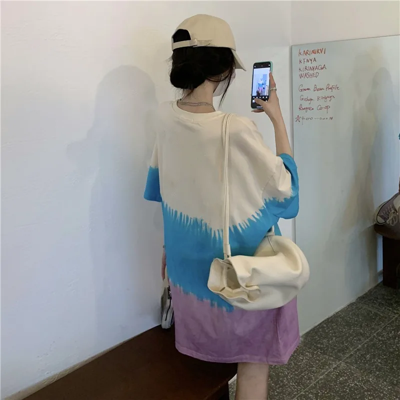 

Harajpoo Women T-Shirts Design Sense Niche Gradient Color Summer 2021 New Korean INS Retro Loose Round Neck Harajuku Tops