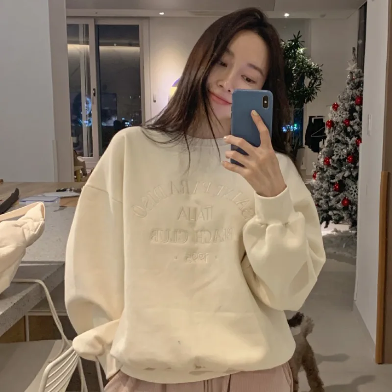 

Korea Hoodless Sweater Plus Velvet Thickening Women's Autumn and Winter New Wild Round Neck Letters Loose Long-Sleeved Shirt