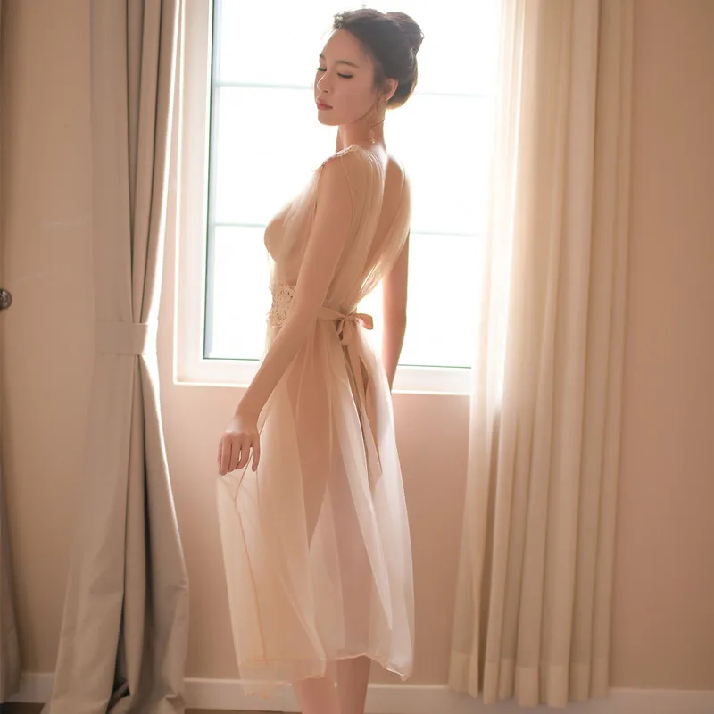 Сексуальная сетчатая кружевная длинная ночная рубашка с вышивкой Женская