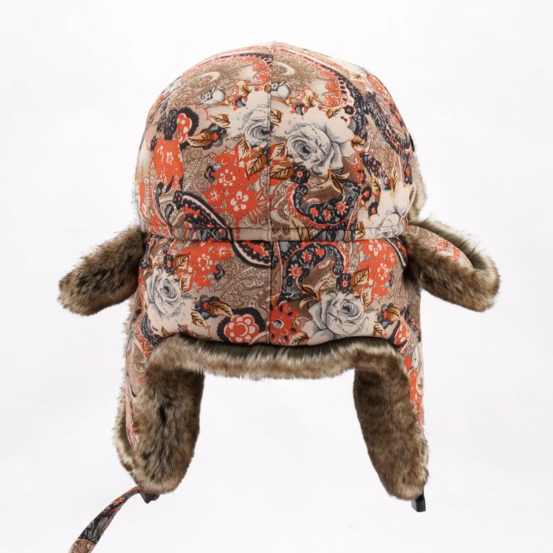 Женская зимняя шапка с бомбером "Флорал" из шерсти с мехом, русская ушанка с утеплителем, теплые бохемские шапки с ушками.