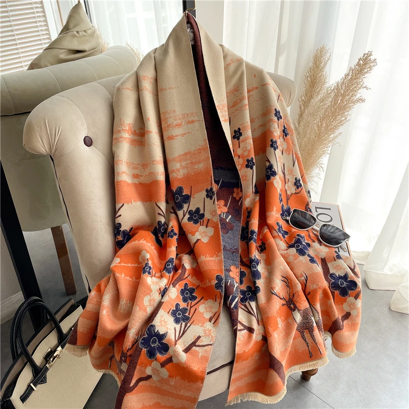 

2021 Double-Sided Cashmere Scarf Print Pashmian Shawls Warm Bufanda Women Thick Blanket Foulard Lady Design Winter Female Stoles