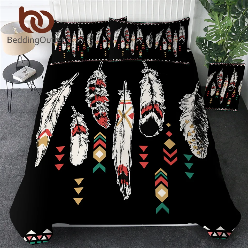 

BeddingOutlet Feather Duvet Cover Aztec Bedding Set Tribal Art Coold Quilt Cover With Pillowcases Geometric Black Bedspreads