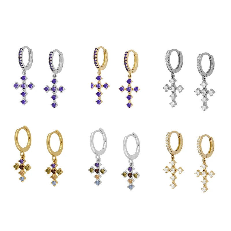 

BOAKO Pendientes Plata 925 Rainbow/Purple/White Zircon Cross Pendant Hoop Earrings for Women Simple Circle Earrings Jewelry
