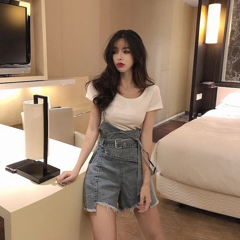 

Casual Fashion Set Summer 2021 Short-Sleeved Slim-Fit White T-shirt + Denim Suspender Overalls Two-Piece Women's Clothing