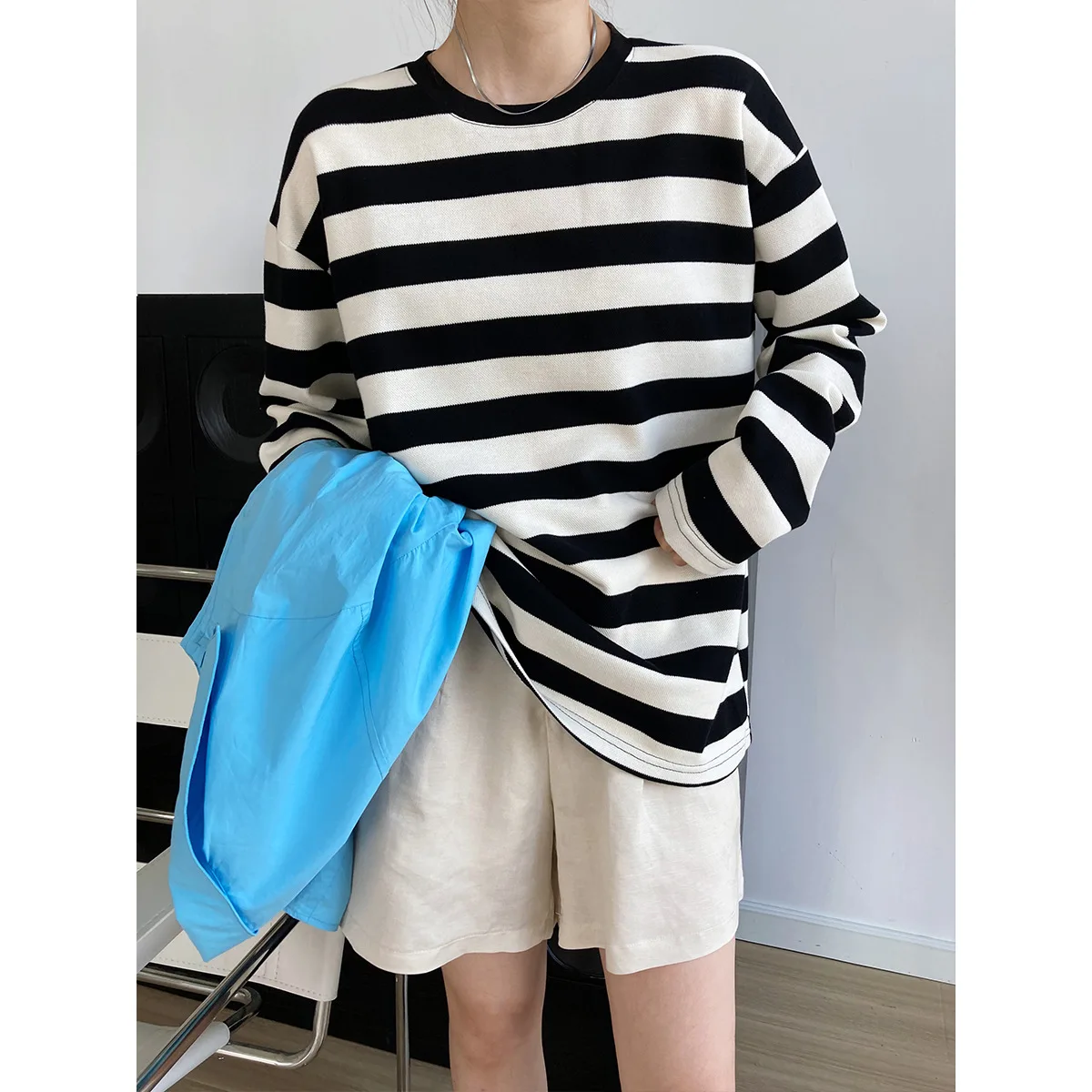 

Loose Lazy Causal Black White Striped Hoodies Women 2021 Autumn Long Sleeve O-Neck sweatshirts Basic Fashion Tops