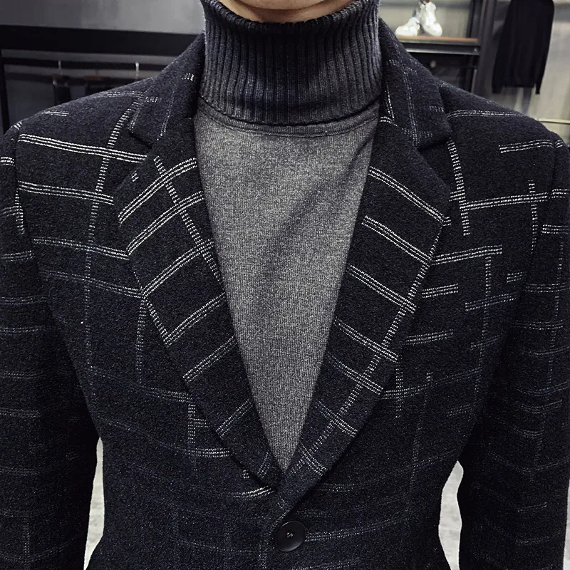 

2021 Autumn Winter Plaid Long Windbreaker Coat New Men Woolen Coat s Plus Size 4XL Men's Slim Fashion Windbreaker Jacket