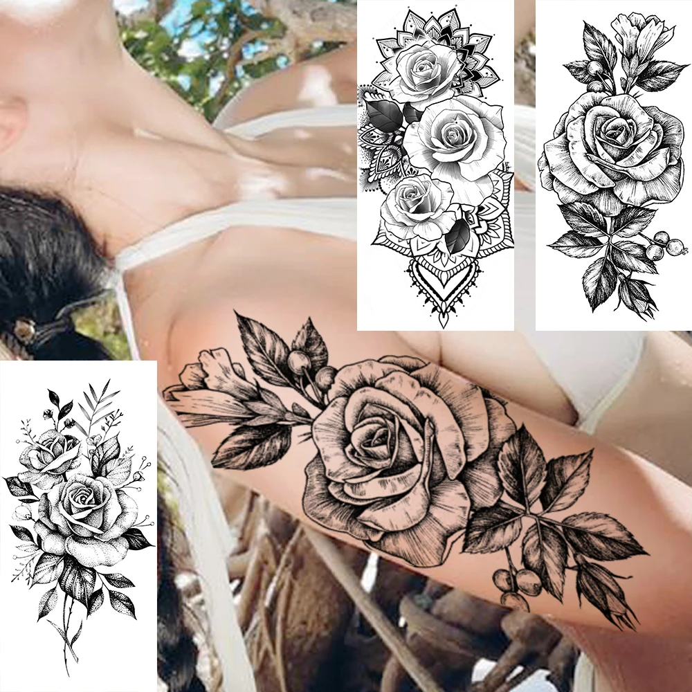 Sketch Rose Temporary Tattoo Sticker For Women Fashion Body Art Arm Chest Tatoo Decal Black Fake Waterproof Tatoo Sticker