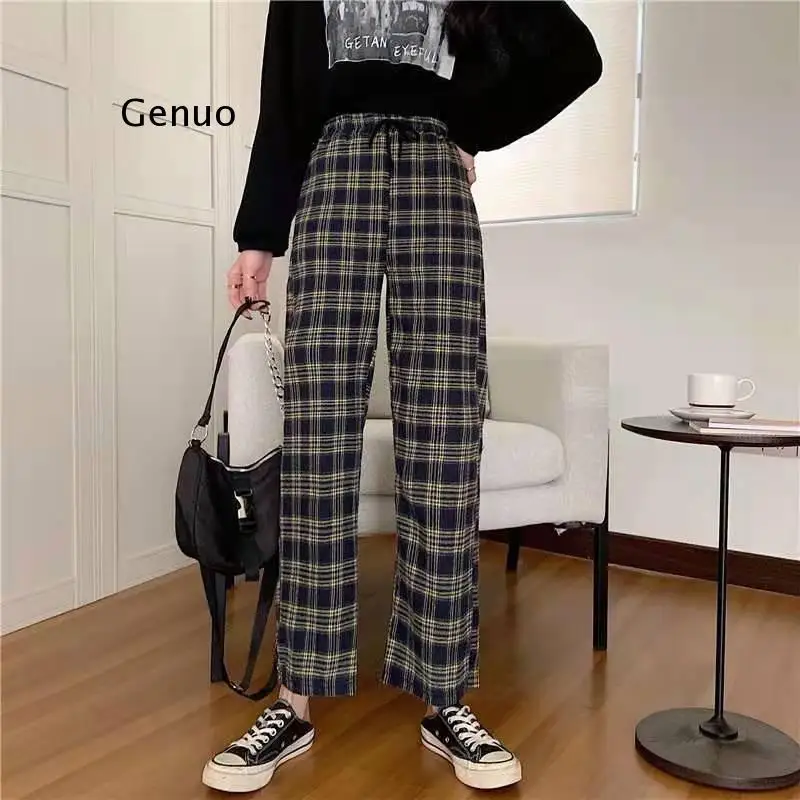 

New Casual Pants Elastic Waist Plaid Straight Pants Women Students Simple Chic Office Ladies Are Matched with The Original New