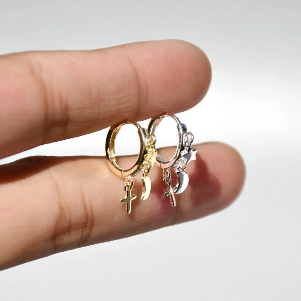 

925 Sterling Silver Fashion Fringed Cute Star Moon Cross Ear Ring Wafer Tassel Drop Earring Temperament Women Girl Ear Jewelry