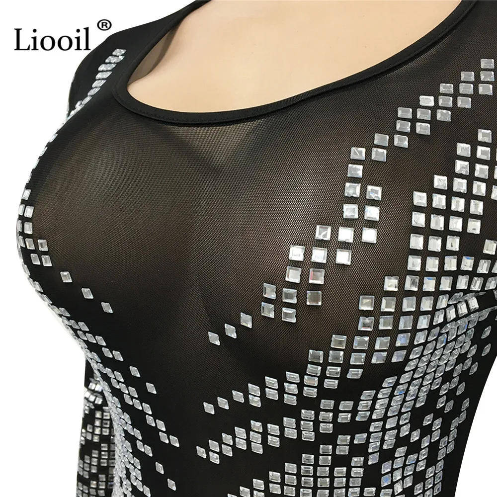 

Liooil Black Rhinestone Mesh Sheer Bodycon Mini Dress Long Sleeve O Neck See Through Diamond Night Club Party Sexy Tight Dresses