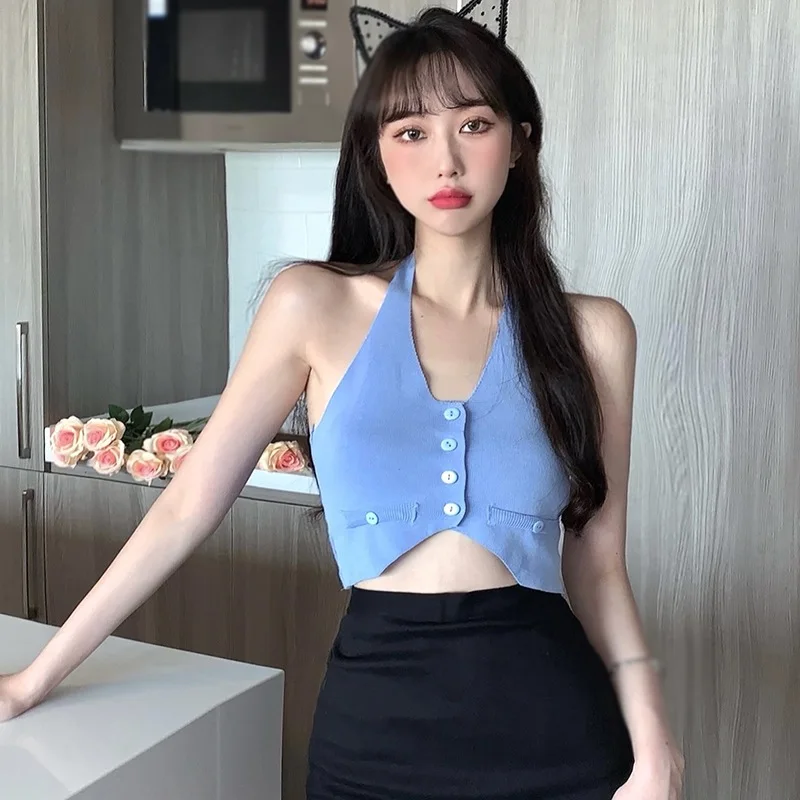 

Women Summer Knitted Tops Vintage Slim Casual Sleeveless Camisole with Buttons
