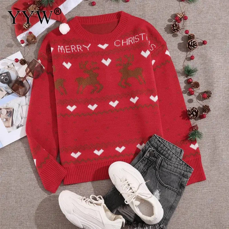 

2021 Women Loose Clothing Red Christmas Design Sweaters Winter Slim Tops Soft Warm Pullover Pull Knitted Femme Print Jumper