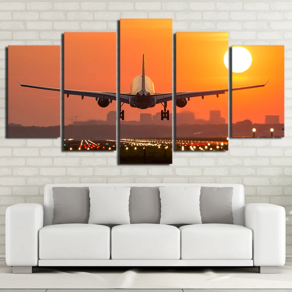 

Canvas HD Prints Posters Home Decor For Living Room Pictures 5 Pieces Airplane Sunset Paintings Landscape Wall Art Framework