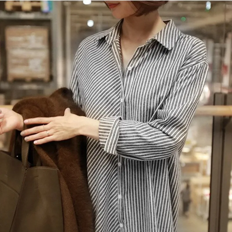 

YourSeason 2021 Autumn Spring Ladies Tops And Blouses New Turn Down Collar Women Korean Striped Long Shirts