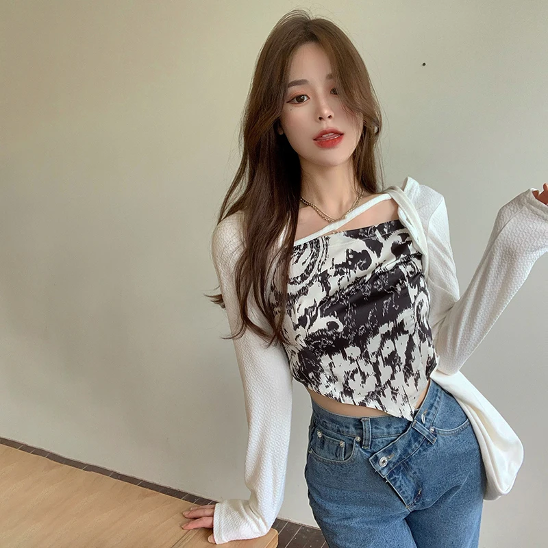 

Women Patchwork Slim Tee Shirt Vintage T Shirt Long Sleeve Tshirt Femme Asymmetrical Crop Tops Sexy Female Tee Tops