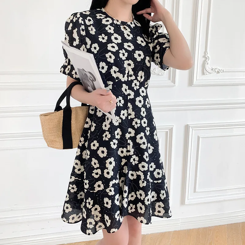 

Футболка черного цвета с рисунком талии Чай Мини платье женский тонкий модная Корейская пузырь, с коротким рукавом, летние детские платья т...