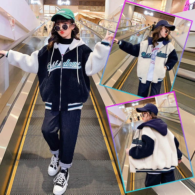 

Girls lamb wool jacket baseball uniform 2021 autumn and winter wear new style foreign style plus cotton thick wool sweater